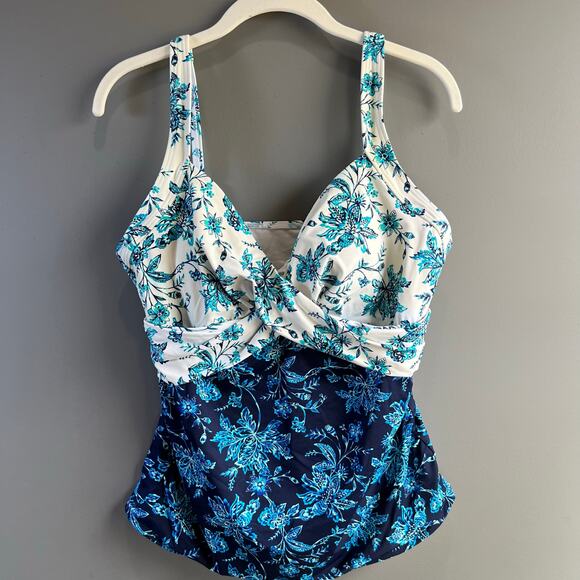 Lands’ End Surplice Blue and White Underwire Tankini Swim Top Size 12 - Picture 1 of 6